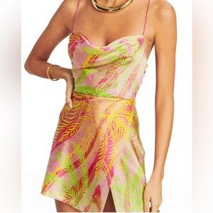 Retrofete pink and green silk palm tree dress